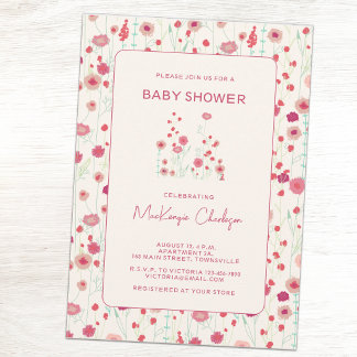 Wildflower Floral Pink and Cream Baby Shower Invitation