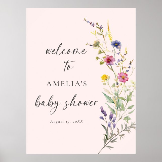 Wildflower Floral Pink Baby Shower Welcome Poster (Front)