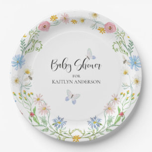 Wildflower Floral Pink Blue Butterfly Baby Shower Paper Plate