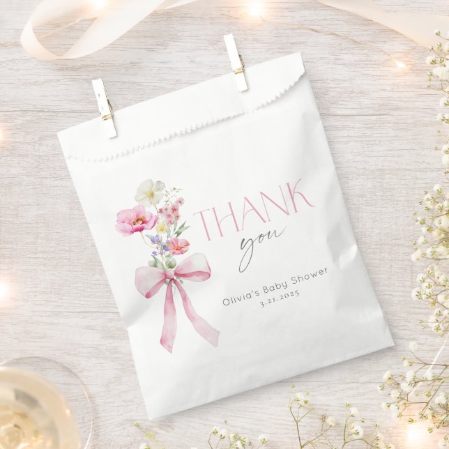 Wildflower Floral Pink Bow Baby Shower Favour Bags (Clipped)
