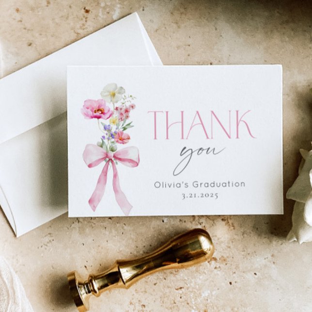 Wildflower Floral Pink Bow Graduation Thank You Card (Creator Uploaded)