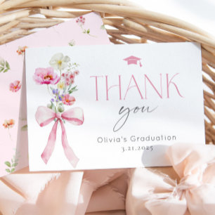 Wildflower Floral Pink Bow Graduation Thank You Card