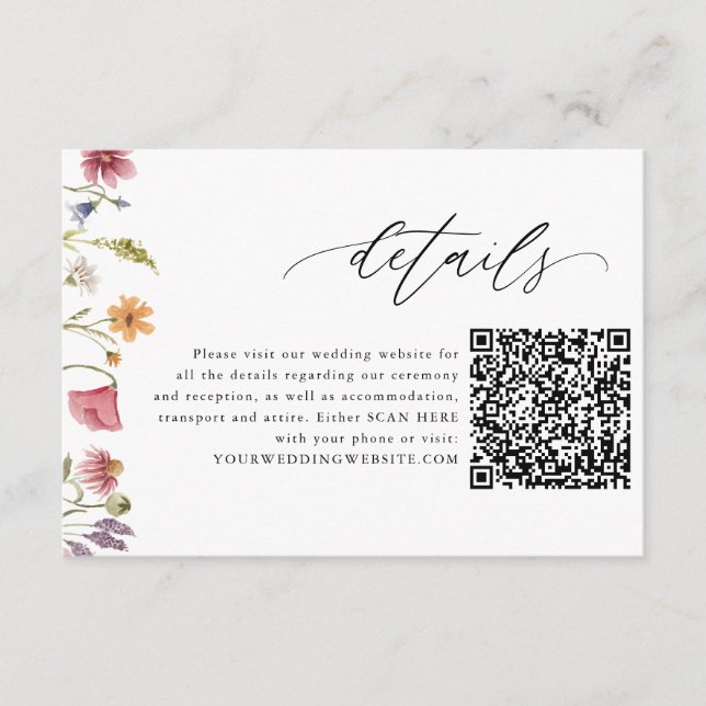 Wildflower Floral QR Code Wedding Details Cards (Front)