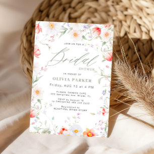 Wildflower floral sage green chic bridal shower invitation