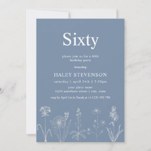 Wildflower Floral Sixty Dusty Blue 60th Birthday Invitation