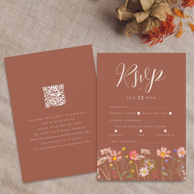 Wildflower Floral Terracotta Meal Options QR code RSVP Card (Wildflower boho fall floral terracotta rust beige Wedding qr code RSVP enclosure card)