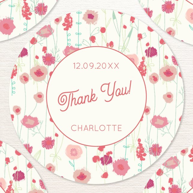 Wildflower Floral Thank You Name Date Classic Round Sticker (Wildflower personalized name date custom text thank you sticker)