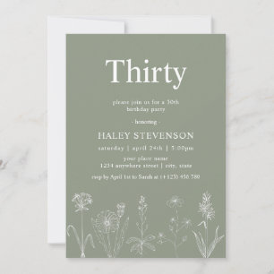 Wildflower Floral Thirty Sage Green 30th Birthday Invitation