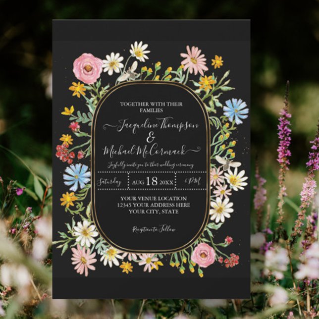 Wildflower Floral Watercolor Elegant Gold Wedding Invitation (Creator Uploaded)