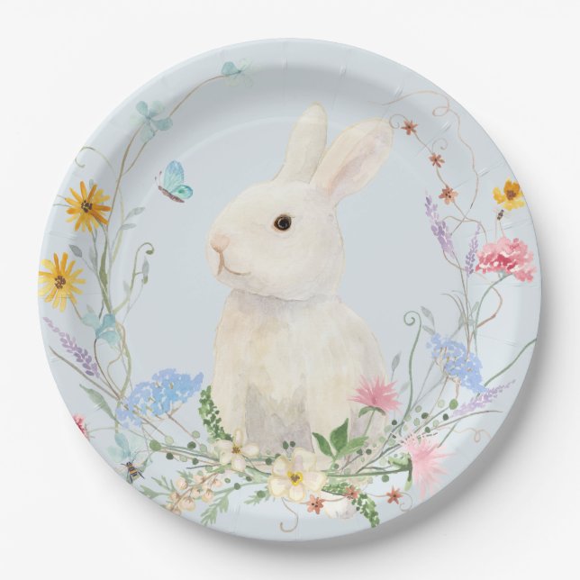 Wildflower Floral Watercolor Rabbit Spring Easter  Paper Plate (Front)