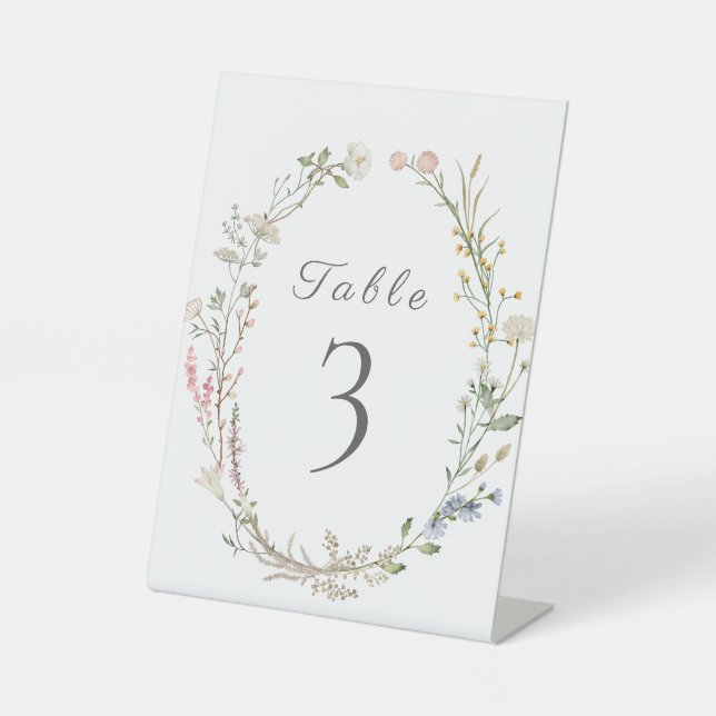 Wildflower Floral Wedding Greenery Table Number Pedestal Sign (Front)