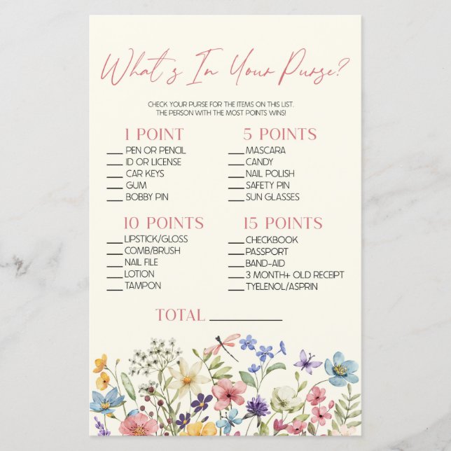 Wildflower Floral What's In Purse Baby Shower Game (Front)