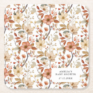 Wildflower Floral White  Boho Baby Shower Square Paper Coaster