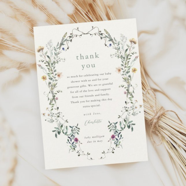 Wildflower Floral Wreath Spring Baby Shower Thank You Card (Elegant floral wreath wildflower baby shower thank you cards.)