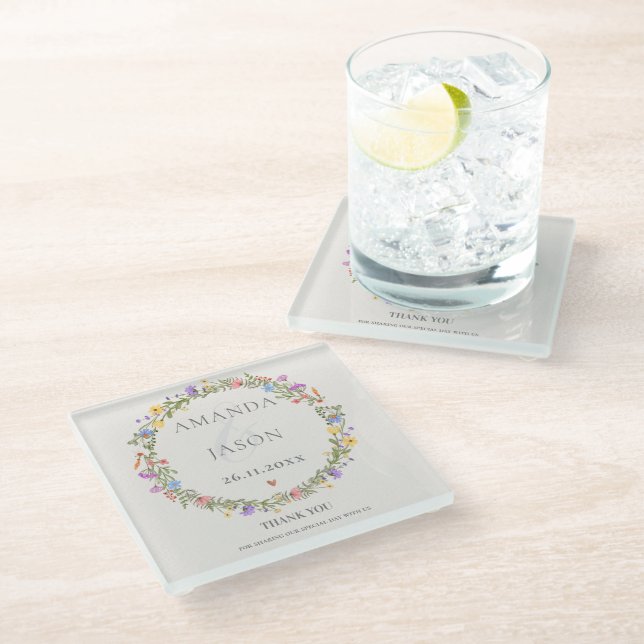 Wildflower Floral  Wreath Wedding Thank You Favour Glass Coaster (Angled)