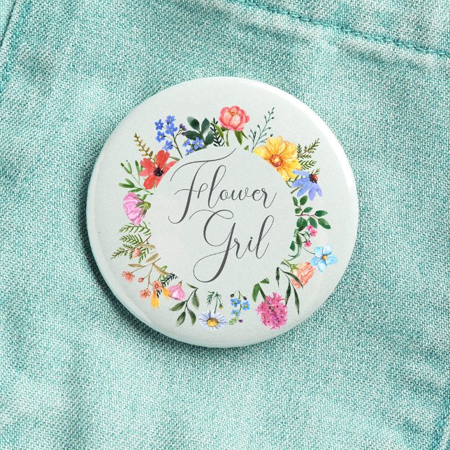 Wildflower Flower Girl Script Wedding  3 Cm Round Badge (Flower Girl Wildflower Watercolor Floral Wreath Wedding Button
)