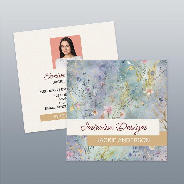 Wildflower Foliage Blue Watercolor Square Business Card (Creator Uploaded)