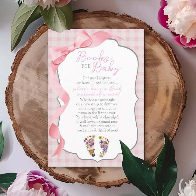 Wildflower Footprints Girl Shower Books for Baby Enclosure Card (Coquette pink bow gingham pattern floral footprints girl shower Books for Baby invitation insert )
