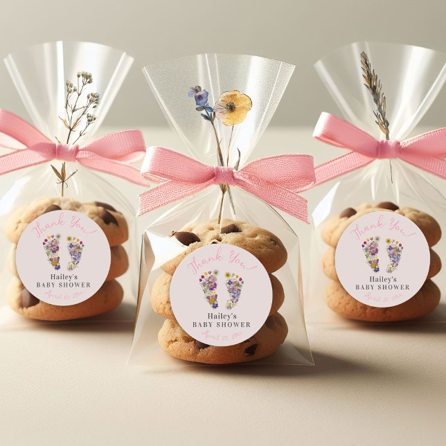 Wildflower Footprints Pink Baby Shower Thank You Classic Round Sticker (Pressed Wildflower footprints pink floral feet personalized cute baby girl  shower favor stickers)