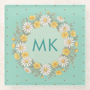 Wildflower Frame Bee Pattern Monogram Teal Glass Coaster