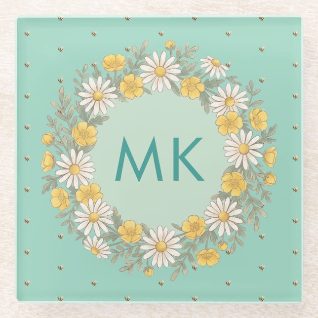 Wildflower Frame Bee Pattern Monogram Teal Glass Coaster (Front)