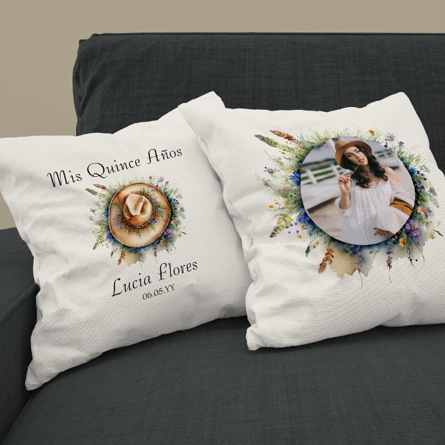 Wildflower Framed Photo Rustic Cowgirl Cushion (Mis Quince Anos Photo Pillow from my Wildflower Cowgirl Hat Quinceanera Collection)