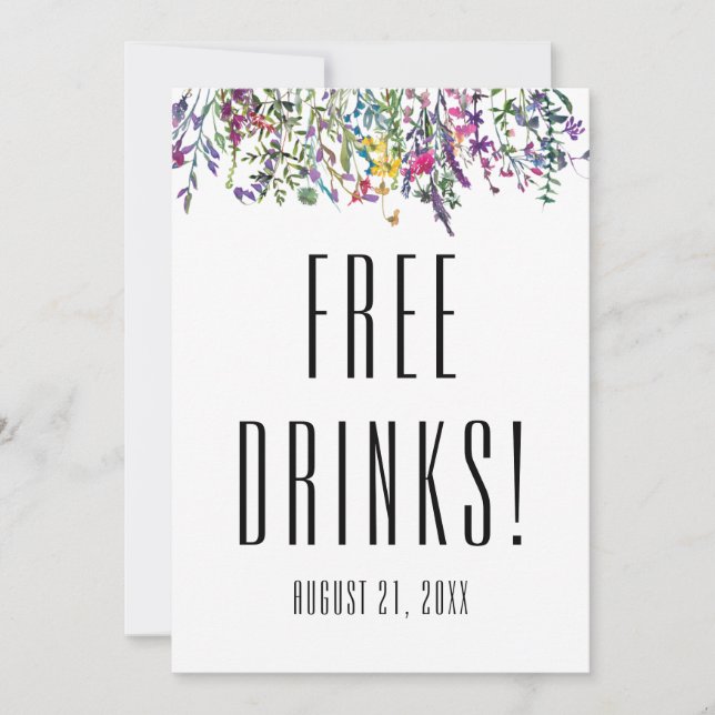 Wildflower Free Drinks Black White Wedding  Save The Date (Front)