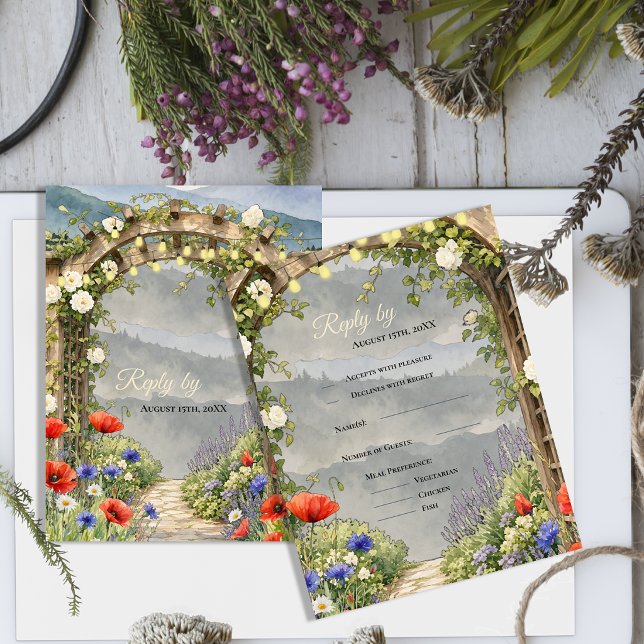 Wildflower Garden Arbor Rustic Wedding Reply By RSVP Card (Wildflower Garden Arbor Wedding RSVP Card | Rustic Floral Response Card)