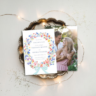 Wildflower Garden Blue Bow Photo Wedding Save Date Invitation