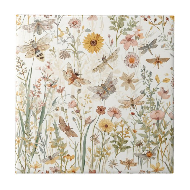 Wildflower Garden Botanical Butterflies Floral Tile (Front)