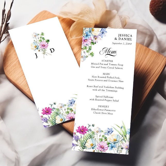 Wildflower Garden Colourful Floral Monogram Weddin Menu (Monogrammed wedding menu from the Wildflower Garden Wedding Collection by Darling & May)