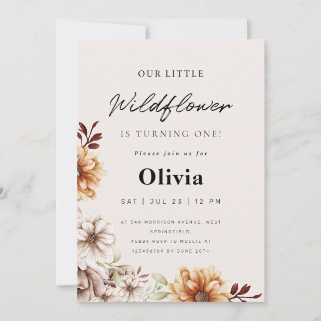 Wildflower Garden Floral First Birhday Invitation (Front)