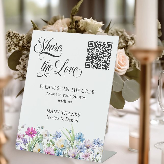 Wildflower Garden Floral Wedding Photo QR Code Pedestal Sign (Share the Love Photo Sharing Sign from Wildflower Garden Wedding Collection by Darling & May)