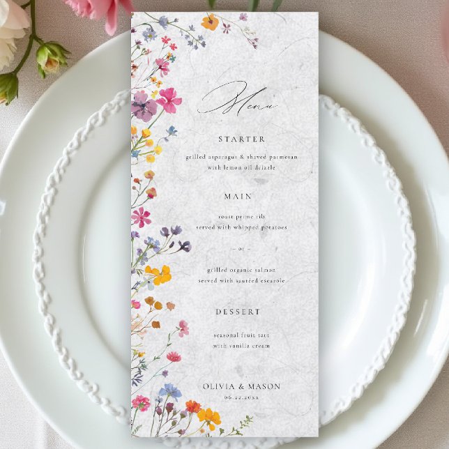 Wildflower Garden Modern Floral Ivory Chic Wedding Menu (wildflower wedding menu watercolor garden backyard barn summer spring elegant ivory white)