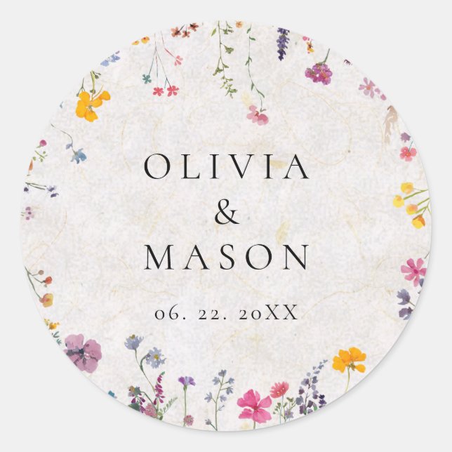 Wildflower Garden Modern Floral Pink Blush Wedding Classic Round Sticker (Front)