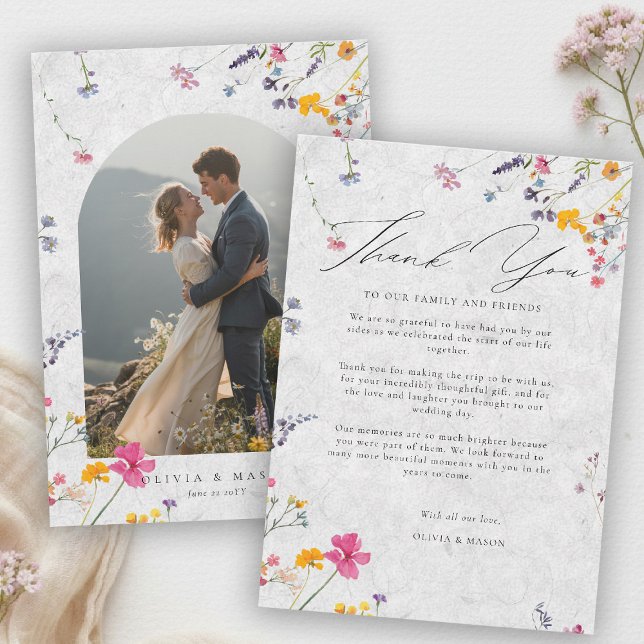 Wildflower Garden Modern Ivory Arch Photo Wedding Thank You Card (wildflower wedding photo thank you watercolor garden backyard barn summer spring arch ivory)