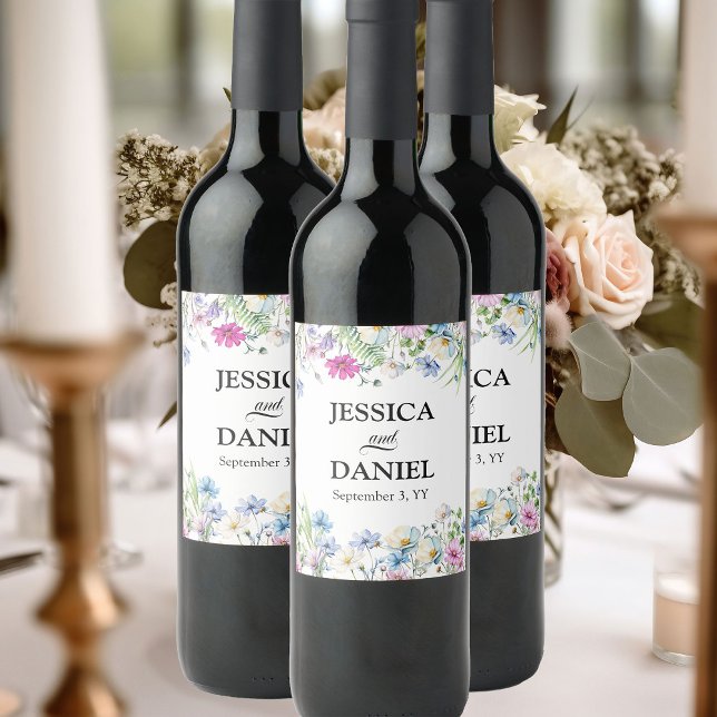 Wildflower Garden Pretty Floral Wedding Wine Label (Wedding Wine labels from the Wildflower Garden Wedding Collection by Darling & May)