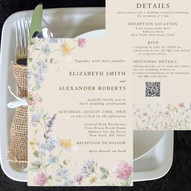 Wildflower Garden QR Code 2 Sided Wedding Invitation (Creator Uploaded)