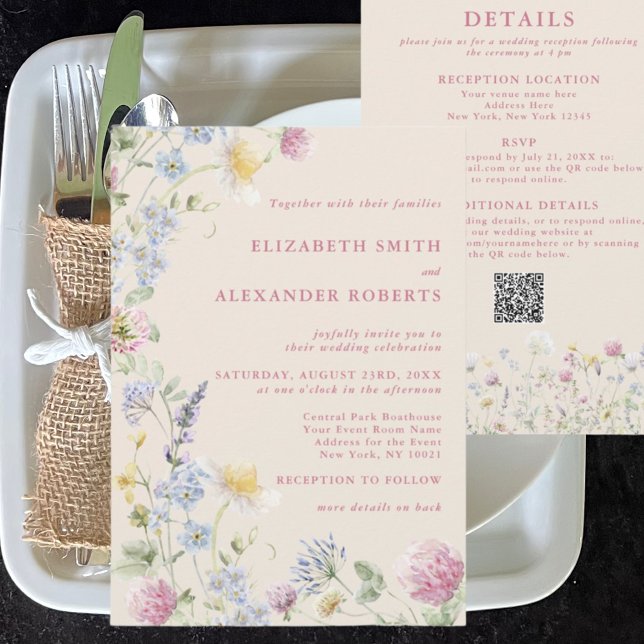Wildflower Garden QR Code 2 Sided Wedding Invitation (Creator Uploaded)