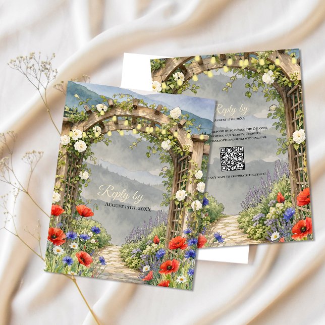 Wildflower Garden Rustic Arbor QR Code Wedding RSVP Card (Wildflower Garden Arbor Wedding RSVP QR Code Card | Rustic Floral Response Card)