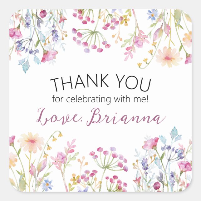 Wildflower Garden Theme Girl watercolor birthday Square Sticker (Front)