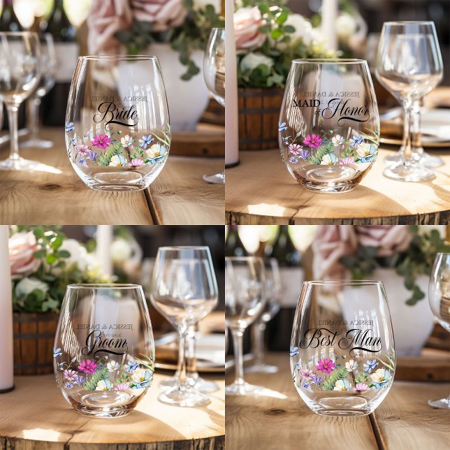 Wildflower Garden Top Table Elegant Floral Wedding Stemless Wine Glass (Bride, Maid of Honor, Groom and Best Man wine glasses from the Wildflower Garden Wedding Collection)