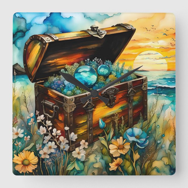 Wildflower Garden Treasure Chest Square Wall Clock (Front)