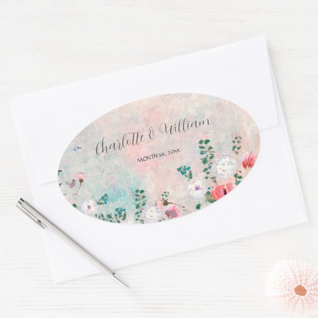 Wildflower Garden Watercolor Blush Pink Wedding Oval Sticker (Envelope)