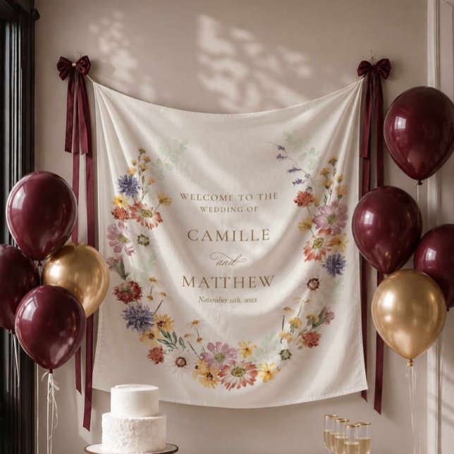 Wildflower Garden Wedding Welcome Tapestry (Wildflower Wedding Welcome Backdrop)