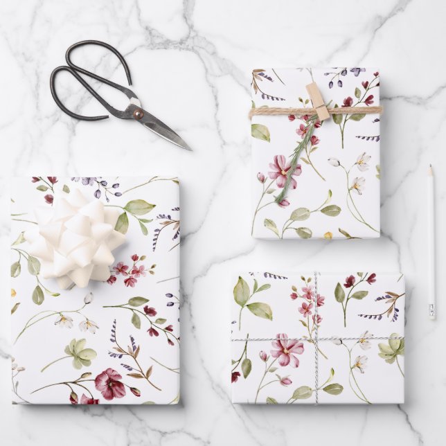 Wildflower Garden White Floral Wrapping Paper Sheet (Front)