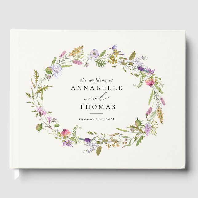 Wildflower Garden Wreath Greenery Wedding Guest Book (Front)