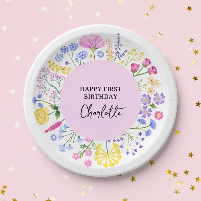 Wildflower Girls 1st Birthday Floral Wreath  Paper Plate (Dainty Spring Wildflower Girl's First Birthday Paper Plates)