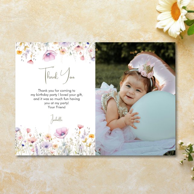 Wildflower Girls 1st Birthday Party Photo Thank You Card (Creator Uploaded)