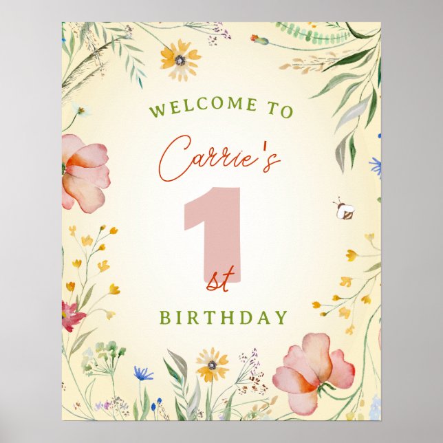 Wildflower Girl's First 1st Birthday Party Welcome Poster (Front)
